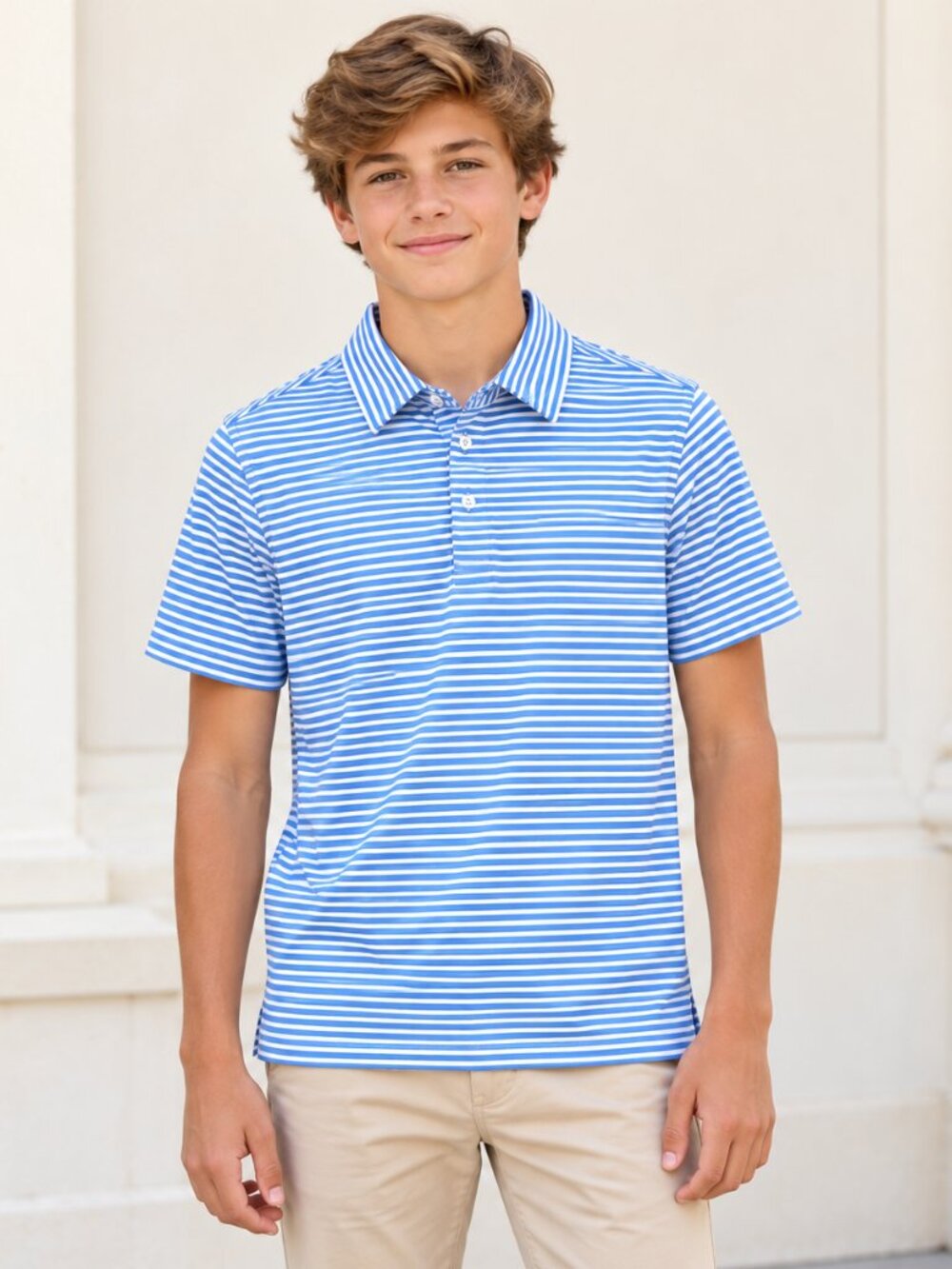 Vineyard Vines Boys Polo Shirt L 16 Blue White Striped Performance Stretch Golf